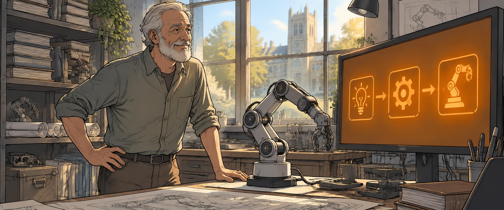 Illustration of an older researcher in a sunlit university workshop beside a small robot arm, a screen showing an idea, gear and robot steps in orange