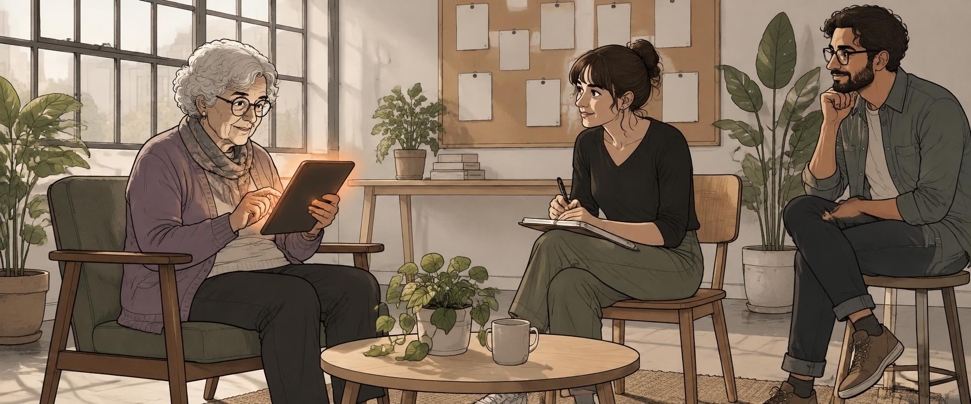 Illustration of an older woman using a tablet in a usability session while two researchers sit opposite her taking notes